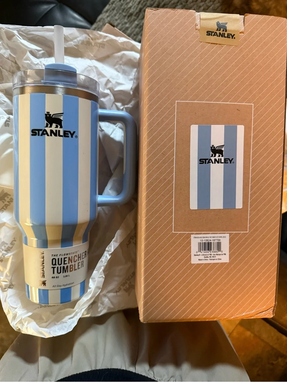 Stanley Striped Tumbler in Light Blue and White with Handle
